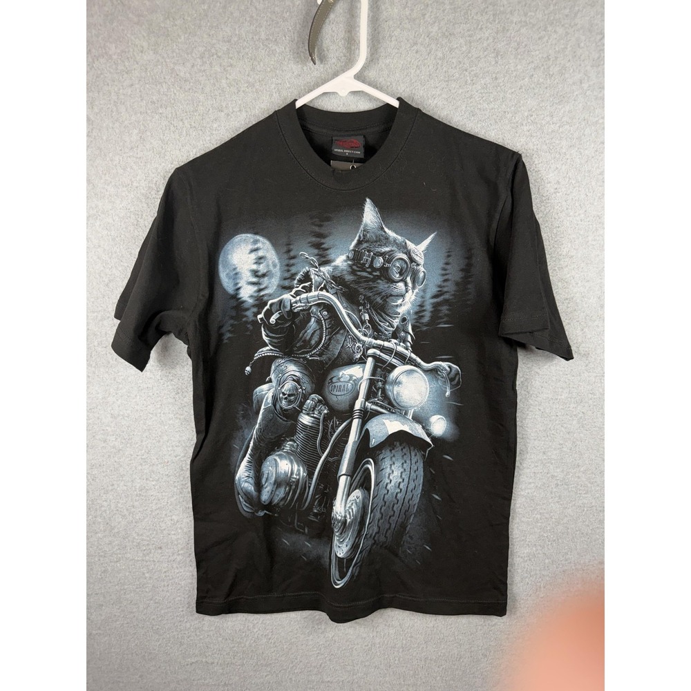 Spiral Shirt Mens Small Black Biker Cat Moon Motorcycle Graphic Tee Gothic